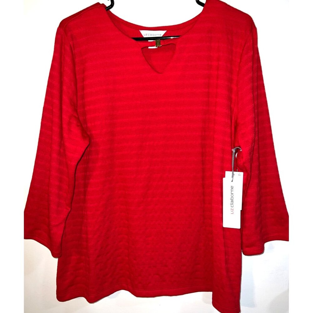 Liz Claiborne Womens Red Textured Knit Top With Keyhole Neckline 3/4 Sleeves XXL